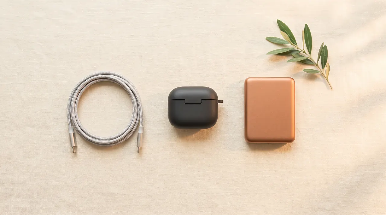 A braided cable, an earphone case and a copper power bank on linen